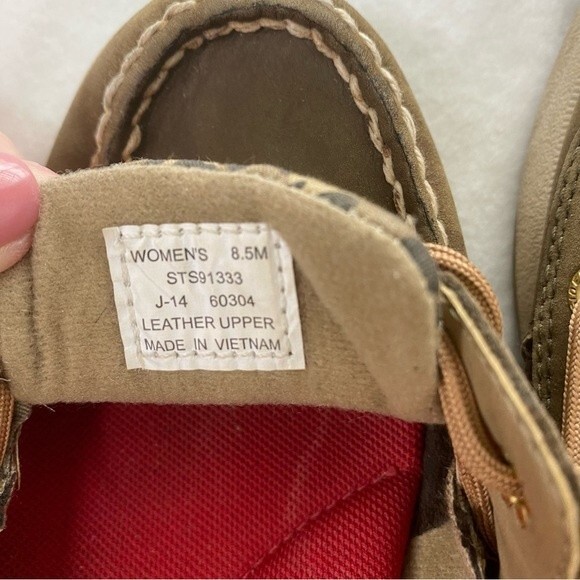 Sperry Top Sider Leather Tan Brown Boat Shoe with Animal Print Accent Size 8.5M - Picture 13 of 14